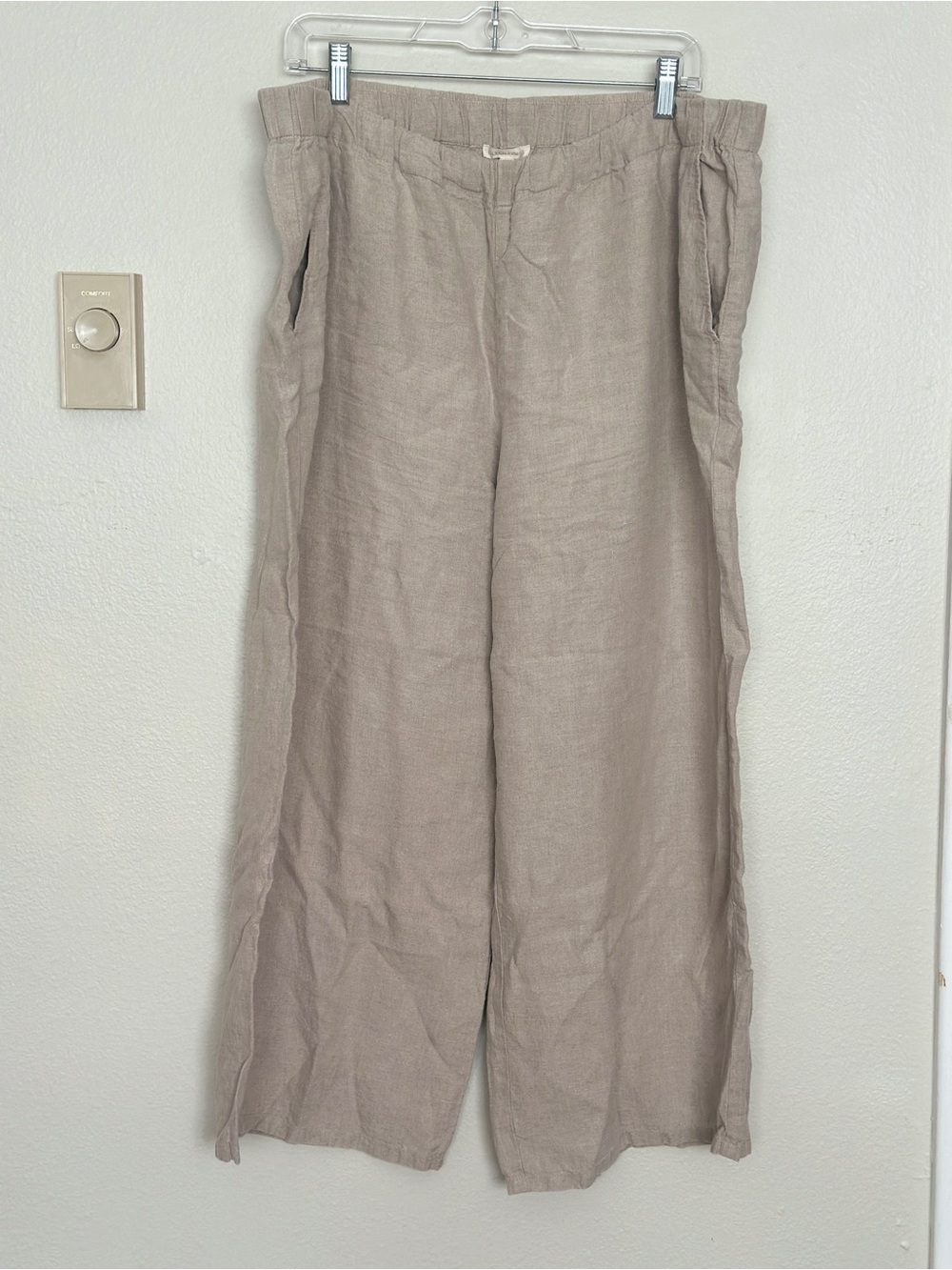 Eileen Fisher Neutral Taupe Wide-Leg Cropped Organic Linen Blend Pants Elastic